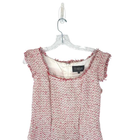 Theia Pink White Tweed Twee Fringe Coquette Knee Length Sheath Dress Size 6 - Picture 2 of 10